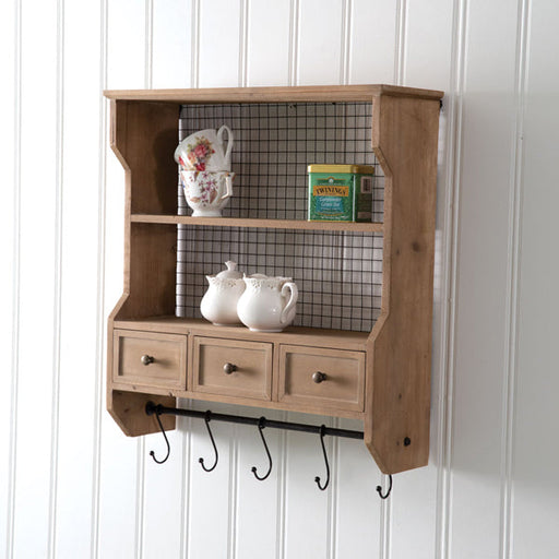 Wood Organizer Shelf with Drawers and Hooks