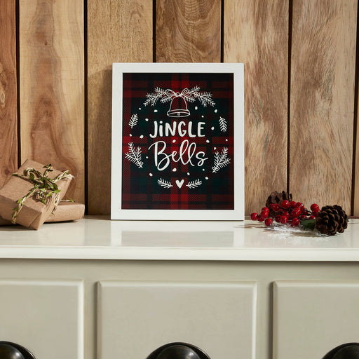 Jingle Bells Wreath Plaid Framed Wall Hanging Sign 12x10