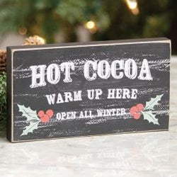 Hot Cocoa Warm Up Here Distressed Wooden Block Sign