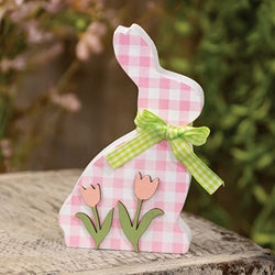 Pink & White Buffalo Check Bunny w/Tulips Sitter