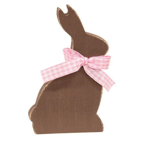 Wooden Chocolate Bunny Sitter w/Pink Check Ribbon